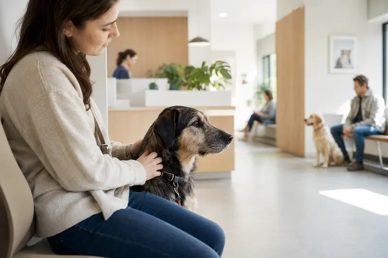 Kraski Ovcar Hund sitzt ruhig neben seinem Besitzer im hellen Wartezimmer einer modernen Tierarztpraxis.